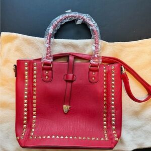 Red Studded Satchel Bag Gold Hardware Crossbody Statement Bag w Pouch